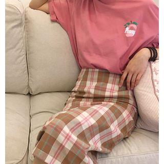 Peach Print Short-sleeve T-shirt / Plaid Midi A-line Skirt