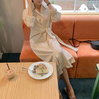 Tie-front Long Shirtdress Light Beige - One Size