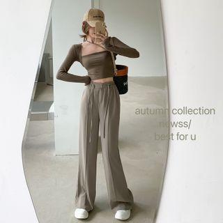 Long-sleeve Square-neck Cropped Top / High-waist Wide-leg Pants