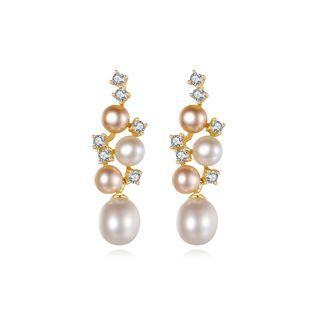 Sterling Silver Elegant Plated Gold Freshwater Pearl Earrings With Cubic Zirconia Golden - One Size
