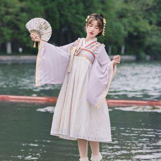 Set: Spaghetti Strap Bow Hanfu Dress + Frill Trim Open-front Light Jacket
