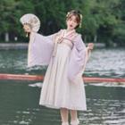 Set: Spaghetti Strap Bow Hanfu Dress + Frill Trim Open-front Light Jacket