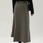 Checkerboard Horsebit-accent Knit Midi A-line Skirt