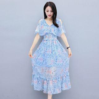 Elbow-sleeve Cold-shoulder Floral Print Midi A-line Dress