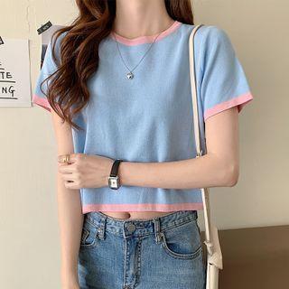 Short-sleeve Ringer Knit Top Light Blue - One Size