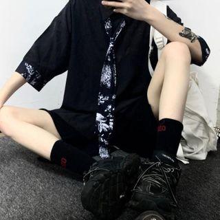 Set: Short-sleeve Shirt + Floral Print Neck Tie Black - One Size