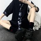 Set: Short-sleeve Shirt + Floral Print Neck Tie Black - One Size