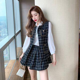 Set: Plain Blouse + Plaid Vest + Mini A-line Skirt