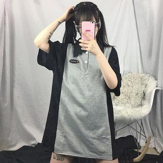 Elbow-sleeve Color Panel Polo-shirt / Dress Gray - One Size