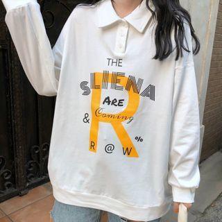 Loose Fit Long-sleeve Lettering Polo Shirt