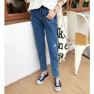 Cartoon Embroidered Elastic-waist Jeans