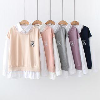 Collared Panel Mock Two-piece Bear Embroidered Sweatshirt