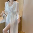 Long Sleeve Plain Waist Knotted Sheer Trench Coat White - One Size