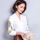 Long-sleeve Flower Embroidered Chiffon Top