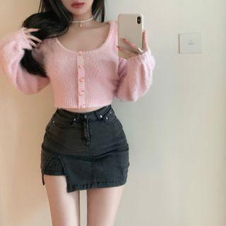 Flower Accent Knit Crop Top Pink - One Size