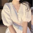 Puff-sleeve Cardigan / A-line Layered Skirt