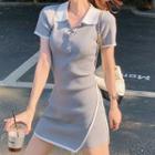 Short-sleeve Knit Mini Polo Shirt Dress Gray - One Size