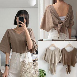 V-neck Tie-back Linen Blend Top