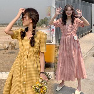 Short-sleeve Gingham Button-up Midi Dress