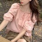 Puff-sleeve Drawstring Blouse Pink - One Size