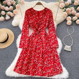 V-neck Floral Long-sleeve Chiffon Dress