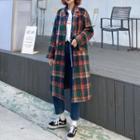 Double Breasted Plaid Long Coat Cotton - Tangerine & Green - One Size