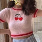 Short-sleeve Cherry Print Slim-fit Sweater Pink - One Size