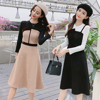 Ribbed Knit Top / Irregular Faux Suede Pinafore Dress / Set