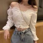 Long-sleeve Off-shoulder Lace Up Blouse White - One Size