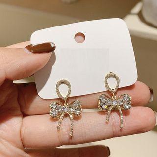 Rhinestone Bow Drop Earring 1 Pair - Silver Needle - Gold - One Size