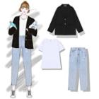 Short-sleeve T-shirt / Blazer / Ripped Cropped Jeans