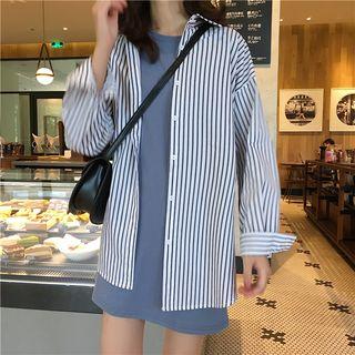 Striped Long-sleeve Shirt / Plain Short-sleeve T-shirt
