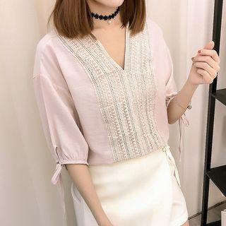 Elbow-sleeve V-neck Embroidered Chiffon Blouse