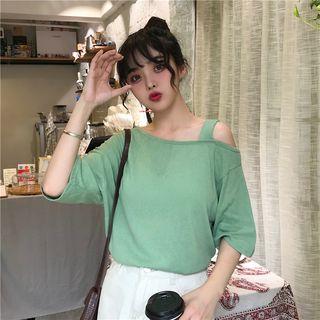 Plain One Shoulder Loose-fit Short-sleeve Top