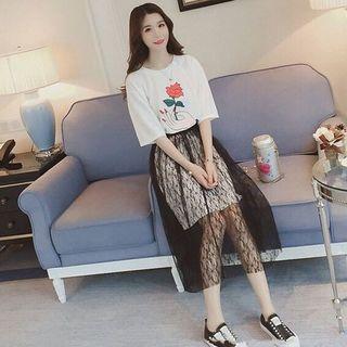 Set: Print Short-sleeve T-shirt Dress + Mesh Midi Skirt