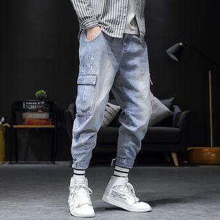 Letter Embroidered Cargo Jogger Jeans