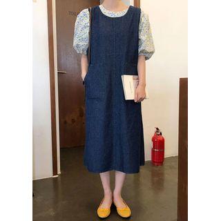 Denim Midi Pinafore Dress Dark Blue - One Size