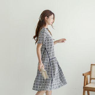 Set: Embroidered Chain-pattern Piped Dress + Slipdress Navy Blue - One Size