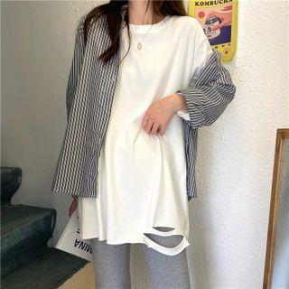 Long-sleeve Distressed Loose-fit T-shirt White - One Size