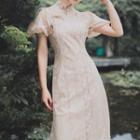 Stand Collar Puff-sleeve Lace Sheath Dress