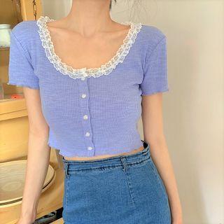 Short-sleeve Scoop-neck Lace Trim Top Blue - One Size