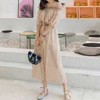 Embroidered Off-shoulder A-line Midi Dress