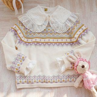 Patterned Sweater / Lace Collar Blouse