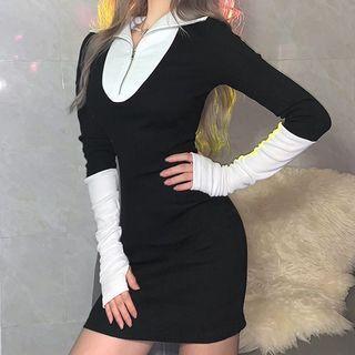 Long-sleeve Two Tone Knit Bodycon Dress