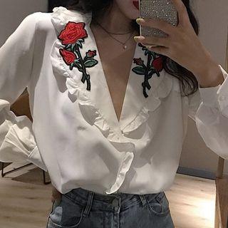Embroidered V-neck Ruffled-trim Long-sleeve Blouse