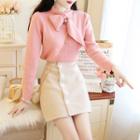 Set: Tie-neck Long-sleeve Knit Top + A-line Skirt
