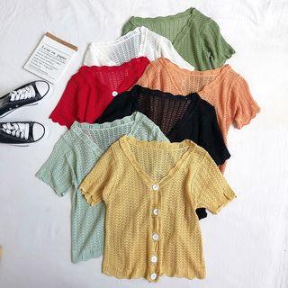 Short-sleeve Cutout V-neck Knit Blouse