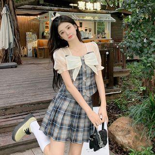 Set: Mock Two-piece Puff-sleeve Blouse + Plaid A-line Skirt