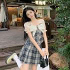 Set: Mock Two-piece Puff-sleeve Blouse + Plaid A-line Skirt