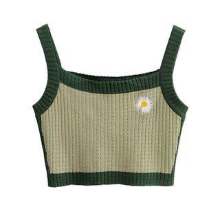 Embroidered Knit Tank Top White Daisy - Ash Green & Dark Green - One Size